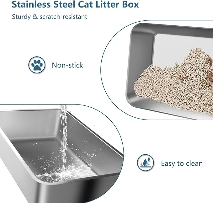 2 Pack XL Large Enclosed Jumbo Stainless Steel Cat Litter Box,Kitty Metal Litter Box with Lid Footboard Litter Scoop Non-Sticky Never Absorbs Odors High Sided for Big Cats