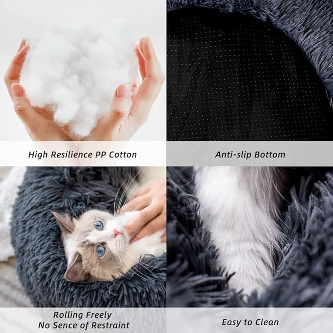 Kitty City Cat Beds - Washable 20/24 Inch, Anti-Anxiety Round Faux Fur, Thick Bottom (Dark Grey, Medium) for Indoor Cats & Small Dogs