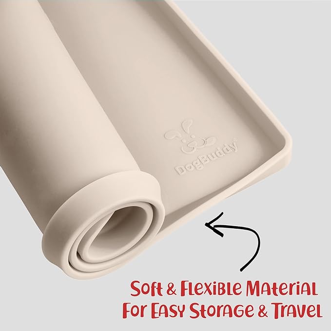 DogBuddy Dog Food Mat – Waterproof Dog Bowl Mat for Food and Water, Silicone Pet Feeding Mats for Floors, Non-Slip Placemat with High Edges for Dogs Bowls, Puppy Essentials (XS: 11" x 11", Vanilla)