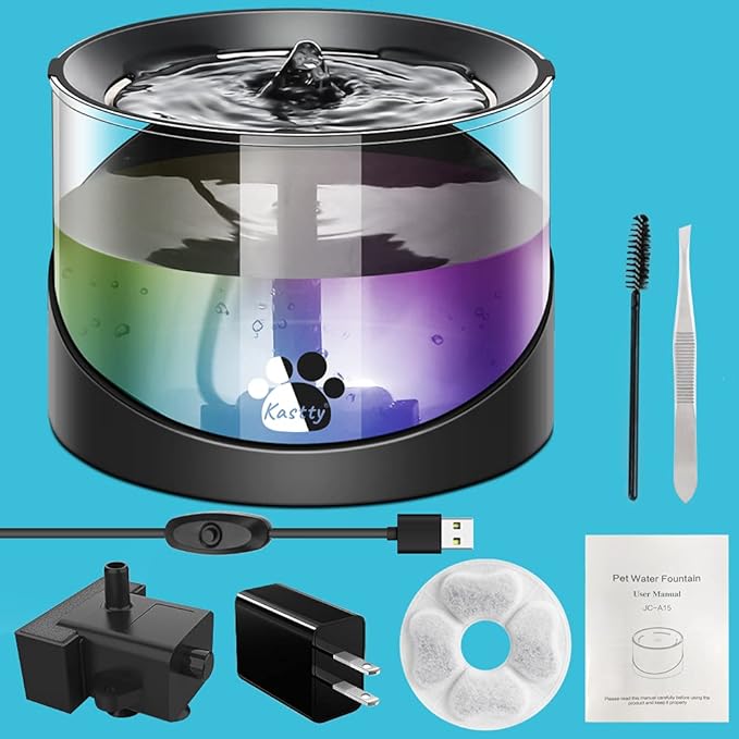 Kastty Super Quiet Water Fountain for Cats Inside, Pet Water Fountain for Kitty, Cat Waterer, Dog Bowl Dispenser 2.2L/74oz,with Super Long Life Span Pump, Black+Colorful LED Light
