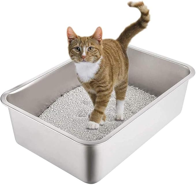 Yangbaga Stainless Steel Litter Box for Cat and Rabbit, Odor Control Litter Pan, Non Stick, Easy to Clean, Rust Proof, Large Size with High Sides and Non Slip Rubber Feets