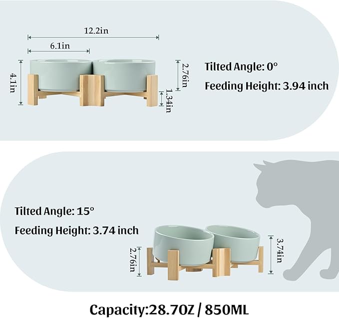 SPUNKYJUNKY 15° Slanted Ceramic Dog and Cat Bowl with Wooden Stand, Tilted Bulldog Food and Water Bowl No Slip Non-Spill for Cats Medium Dogs Big Face Pets 28.7 OZ (3.6 Cups, Morandi Green × 2)
