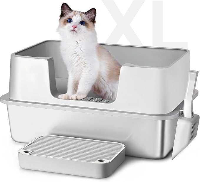 Stainless Steel Litter Box with Step Extra Large Cat Litter Box for Big Cats High Sides Enclosure XL Non-Sticky Easy Cleaning Anti-Urine Leakage (with Litter Scoop & Footboard, Grey)