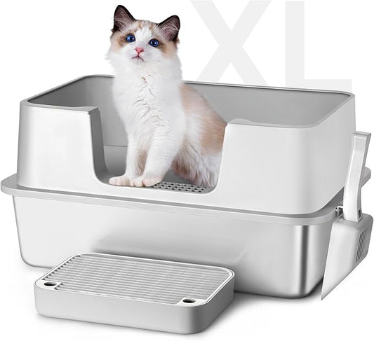Stainless Steel Litter Box with Step Extra Large Cat Litter Box for Big Cats High Sides Enclosure XL Non-Sticky Easy Cleaning Anti-Urine Leakage (with Litter Scoop & Footboard, Grey)