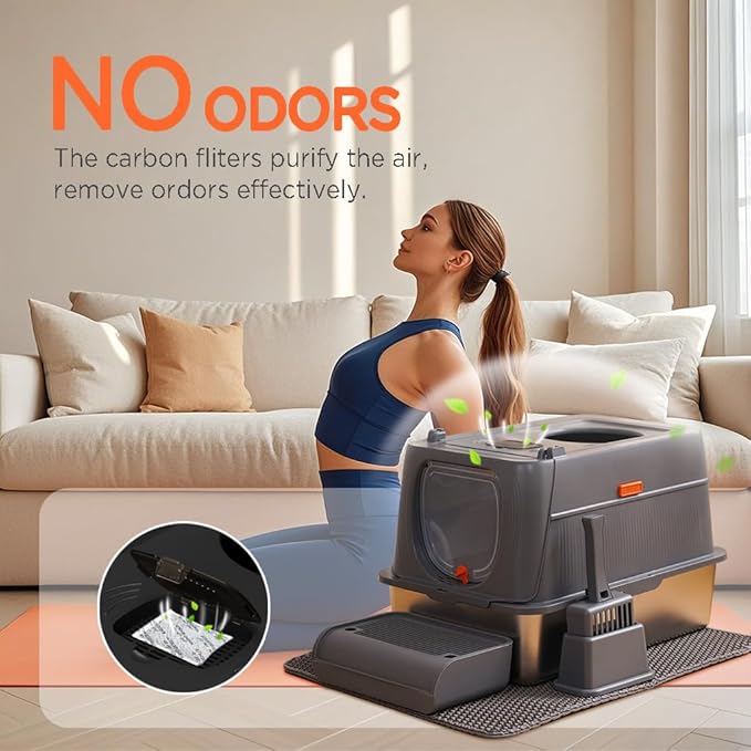 Citylife Stainless Steel Cat Litter Box with Lid, Front & Top Entry Extra Large Metal Kitty Litter Box Enclosure with Scoop & Double Layer Mat, Anti-Leakage, Non-Sticky, Dark Grey