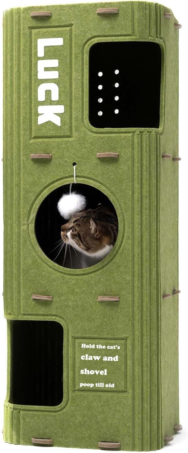 3 Stories Cat Bed for Indoor Cats, Cute and Fashionable Cat House Cave for Multiple Cats, Cozy Felt and Scratch Resistant Cat Condo with Dangling Balls.
