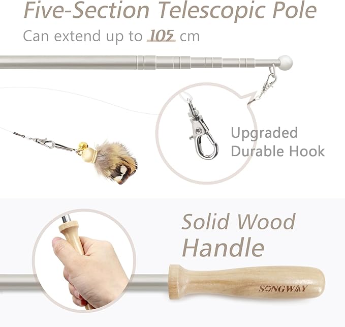 SONGWAY Cat Toys Feather Wand - Retractable Cat Wand Toy and 8 Pieces Insect Cat Feather Toys with Bell, Interactive Cat Toys for Indoor Cats Kittens