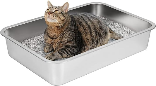 IKITCHEN Stainless Steel Cat Litter Box, Large Metal Litter Box for Cats, Never Absorbs Odors,Stain Free, Rustproof, Non Stick Smooth Surface, Anti-Slip Rubber Bottom, 23.5" L x 15.5" W x 4" H