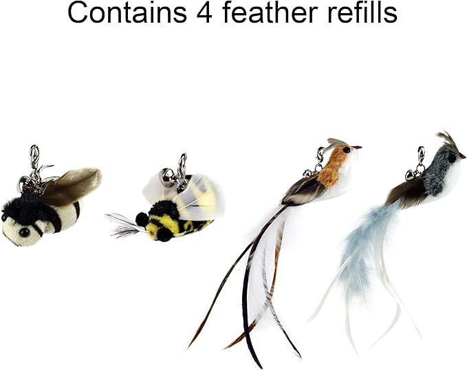 TTcat Interactive Bird and Insect Simulation Cat Toy Set with 4 Feather Refills, 29'' Flexible Steel Wire, Sturdy Wood Handle & Bell,Cat Wand Toys for Indoor Cat and Kitten.