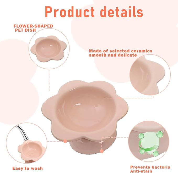 2 Pcs Ceramic Raised Cat Bowls Flower Raised Cat Food Bowls 7 oz Tilted Elevated Cat Food Bowl Cat Dishes for Anti Vomiting Protecting Spine Pet Feeder Bowl Water Bowl for Cat Kitten (Pink)