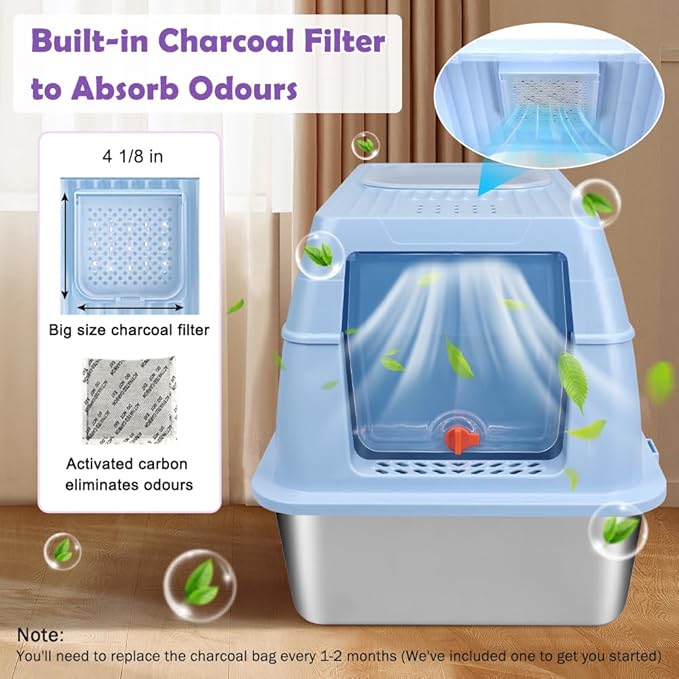 XL Stainless Steel Litter Box, Easy-Clean with Top Exit Design, Odor Control Litter Box with Fully Enclosed Design & Activated Charcoal Space, Trapping Box & Scoop Included (Blue)