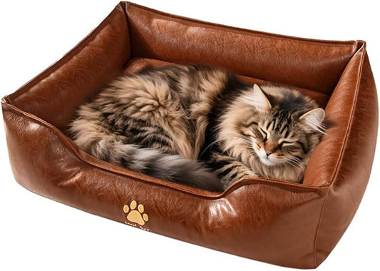 Premium Leather Cat Bed for Indoor Cats Premium Small Dog Bed Pet Nest with Anti-Slip Base Ultra Soft Texture for Comfortable Rest 24 × 18 × 9 inch Brown