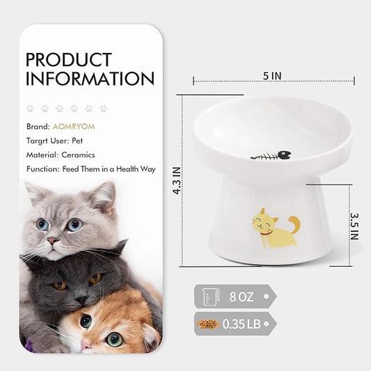 AOMRYOM Elevated Tilted Cat Bowl Set, Ceramic Feeder Bowls for Cats and Small Dog, Porcelain Raised Pet Dish, Stress Free, White, Set of 2
