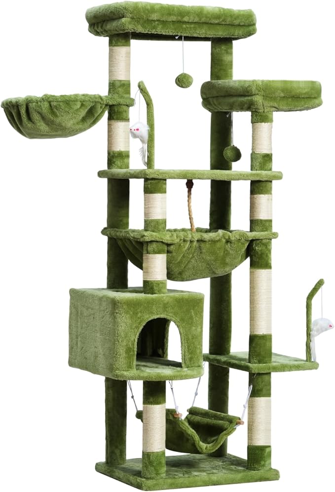 Cat Tree, Cat Tower for Large Cats with 2 Big Platforms, 2 Baskets, condo and Toys, 63" Cat Scratching Posts for Indoor Cats, Green GCT020GR