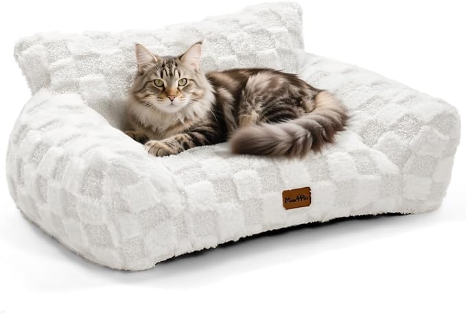 Made4Pets Cat Couch Bed, Soft Faux Fur Checkered Pet Sofa, Calming Fluffy Cat Sofa with Supportive Foam, Removable Washable Cover with Non-Slip Base, White, Small