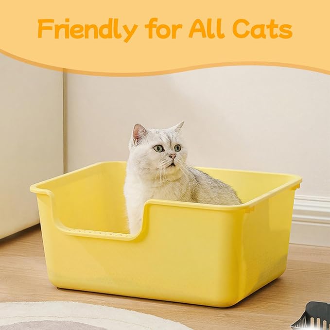 Large Cat Litter Box with High Sides,Cat Litter Pan with Low Entry,Cat Box for Indoor Kittens & Senior Cats,Anti-Splashing,Waterproof,Easy to Clean,Durable (White)