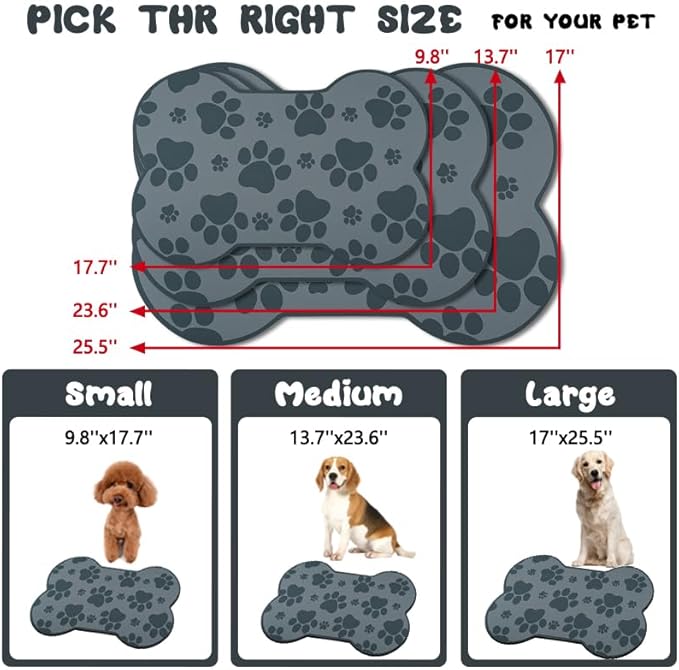 Dog Food Mats for Floors Waterproof, Pet Feeding Absorbent Water Bowl Mat Cat Placemats Gray Bone Shape 25.5 * 17 inch