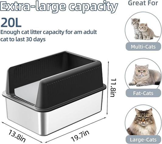 Stainless Steel Cat Litter Box with Lid,XL,19.7” L x 13.8” W x 11.8”H Deep,Large Metal Litter Box with High Side,for Small and Large Cats,Anti-Leakage Non-Sticky Easy Cleaning Include Litter Scoop