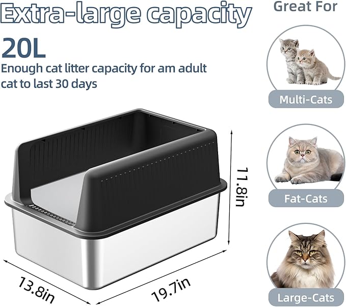 Stainless Steel Cat Litter Box with Lid,XL,19.7”L x 13.8”W x 11.8”H Deep,Metal Litter Box with High Side,for Small and Large Cats,with a Scoop and Scoop Storage Box Litter Mat Double,Easy Cleaning