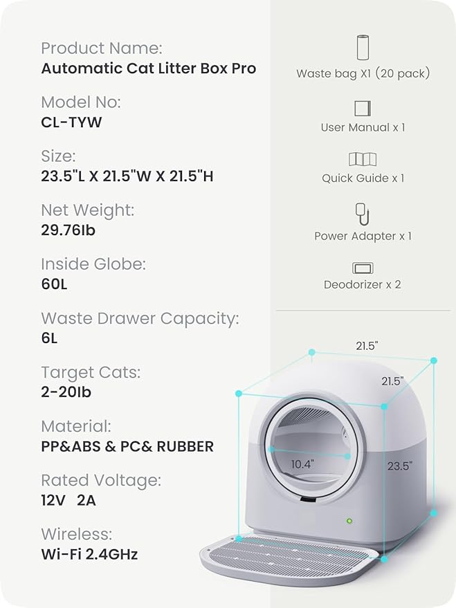 Self-Cleaning Litter Box Automatic Electronic Hands-Free Smart Robot self Cleaning Litter Box - Large 60L Capacity, Safe Anti-Pinch,with Deodorizer and Liner,for Multiple Cats (Grey Pro)