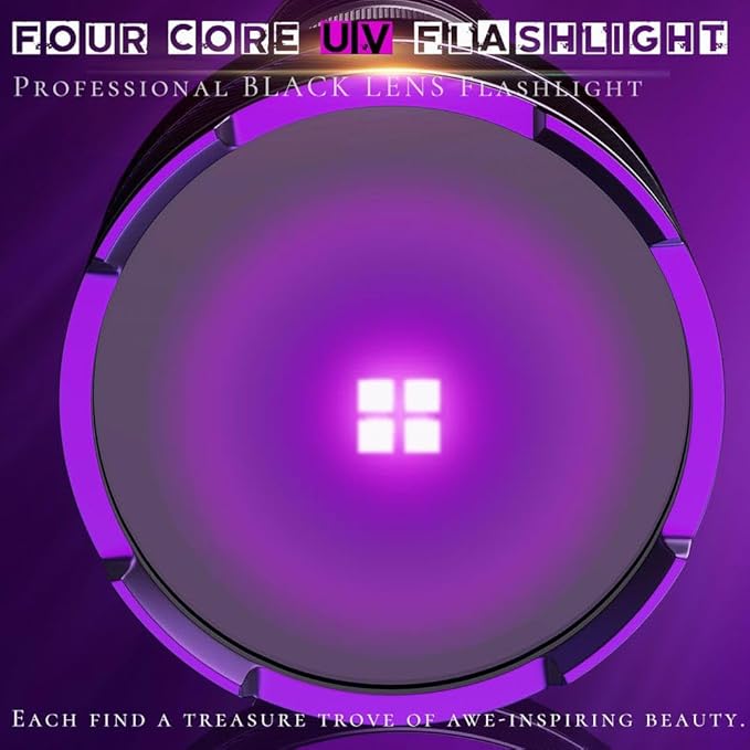365NM UV Blacklight Flashlight, 4-core Filtered LED, High Power and Long Range Professional Grade Beam for Yooperlite Hunting, Detection of Pet Urine, Resins and Professional Applications