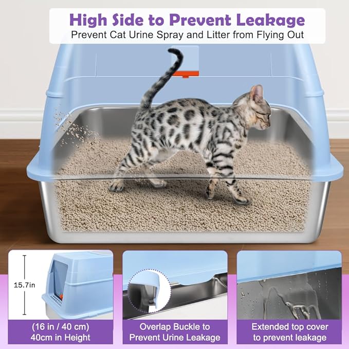 XL Stainless Steel Litter Box, Easy-Clean with Top Exit Design, Odor Control Litter Box with Fully Enclosed Design & Activated Charcoal Space, Trapping Box & Scoop Included (Blue)