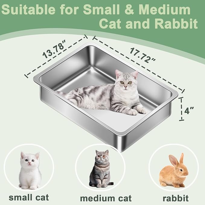 Stainless Steel Cat Litter Box for Kitten, Metal Litter Pan Tray for Rabbits Hamsters, Easy to Clean Cat Toilet Supplies-17.72''Lx 13.78'' W x4'' H
