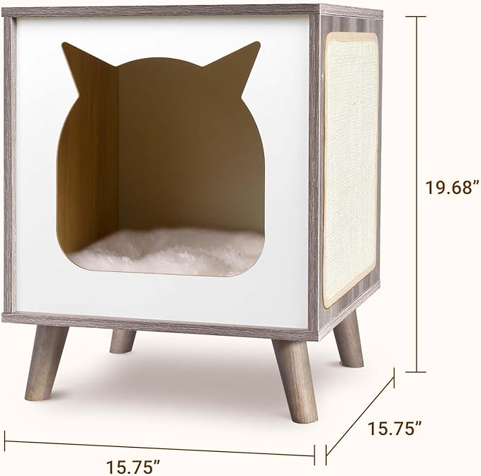 Cat House Wooden Cat Condo Cube Shaped,Modern Cat Bed Side Table & Nightstand,Cat Shelter Furniture with Cushion Cat Scratch Pad,Grey