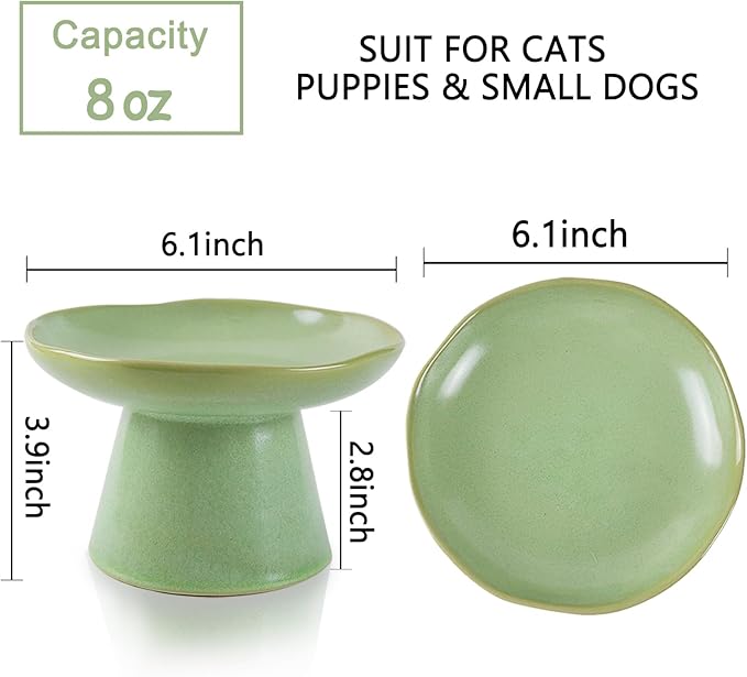 Wide Shallow 6.1" Raised Cat Bowls, Ceramic Elevated Food Bowl for Flat Faced Cats and Small Dogs, Porcelain Feeder Bowl, Stress Free, Protect Cat’s Spine, Green