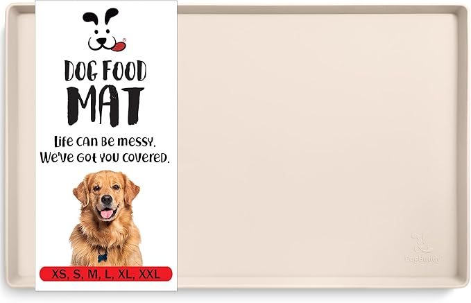 DogBuddy Waterproof Dog Food Mat with Raised Edge, Silicone - Nonslip Pet Feeding Mat for Floors (M: 21' x 14', Vanilla)