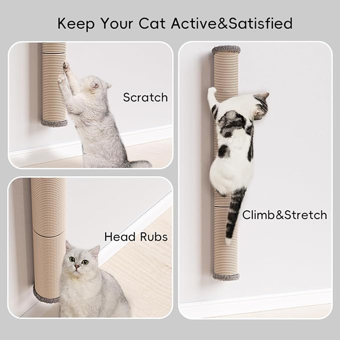 40" Wall Mounted Cat Scratcher, Sisal Scratching Post，Furniture for Indoor Cats, Tall and Sturdy Cat Climbing Pole for Large Cats