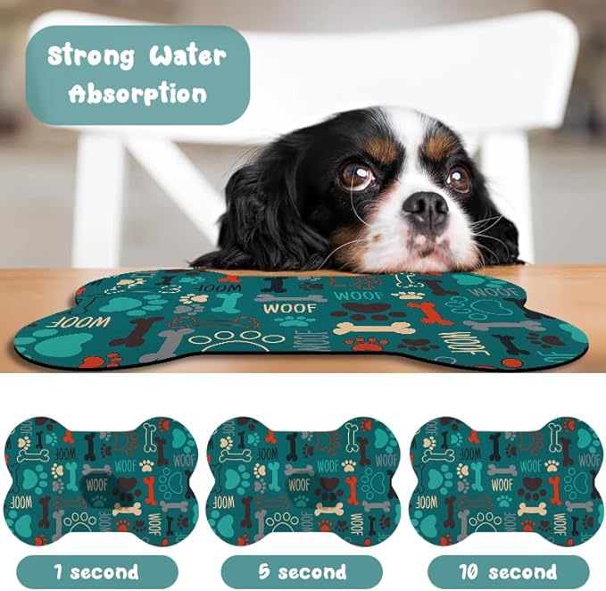 Dog Food Mats for Floors Waterproof, Pet Feeding Absorbent Water Bowl Mat Cat Placemats Green Bone Shape 19 * 12 inch