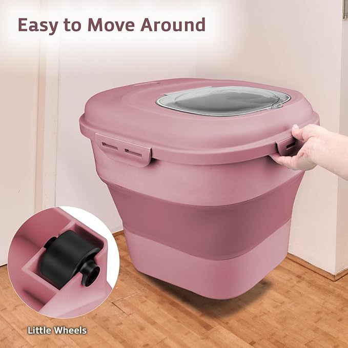 Rice Storage Bin Cereal Containers, 13-50lb Collapsible Rice Container Dispenser with Transparent Lid, Rolling Wheels, Measuring Cup and Scoop, Airtight Dog Cat Pet Food Storage Container Pink