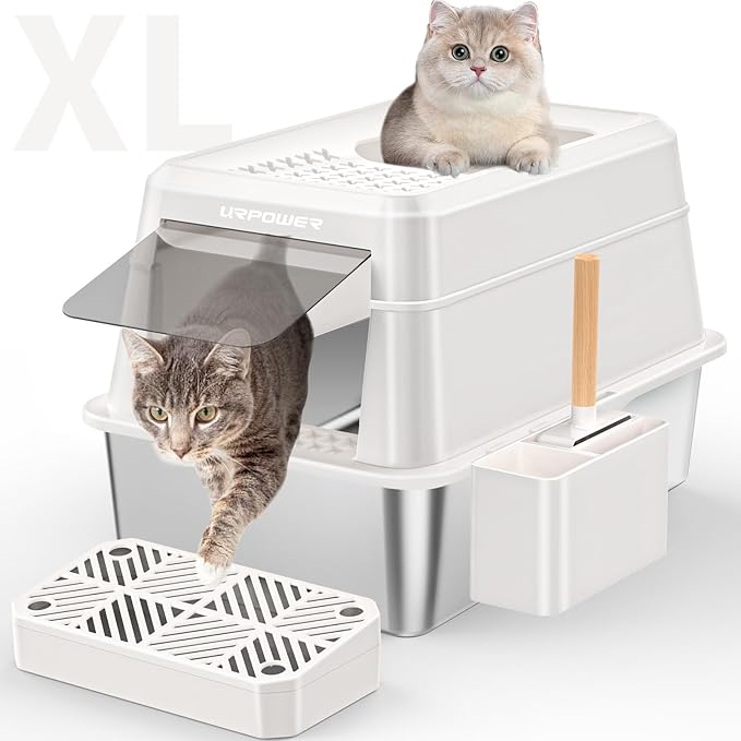 URPOWER Stainless Steel Cat Litter Box with Lid Extra Large Enclosed Litter Box for Cats Non-Sticky Metal Pan with High Sided Enclosure & Scoop, Front & Top Entry, Anti-Leakage, Easy Cleaning