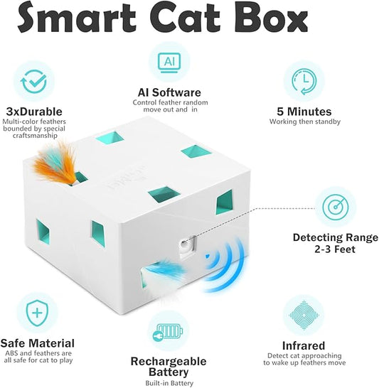 Migipaws Automatic MigiBox Plus Cat Toys 3 n1 Interactive Pounce Mystery Under PopSkin 12 Holes Cardboard Kitten Toys for Indoor Rechargable 8 Accessories(White)