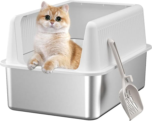 Stainless Steel Cat Litter Box with Lid,XL,19.7” L x 13.8” W x 11.8”H Deep,Large Metal Litter Box with High Side,for Small and Large Cats,Anti-Leakage Non-Sticky Easy Cleaning Include Litter Scoop