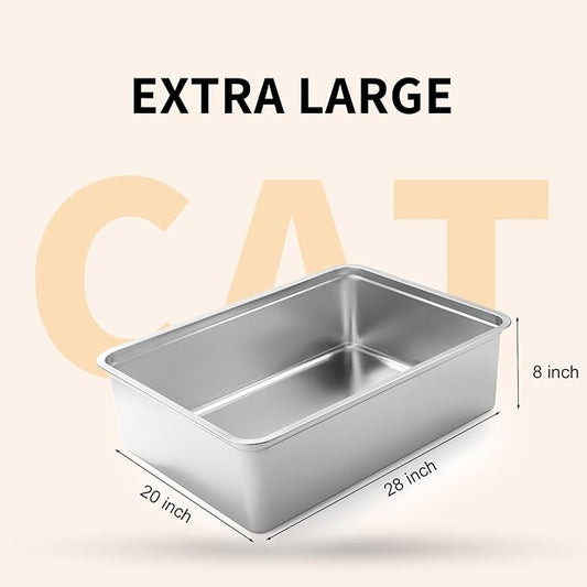 Yangbaga Extra Large Stainless Steel Litter Box, 28’’ x 20’’ x 8’’ Ultimate Metal Cat Litter Box with High Sides, Sturdy Long-Lasting Litter Pan with Anti-Slip Rubber Feet