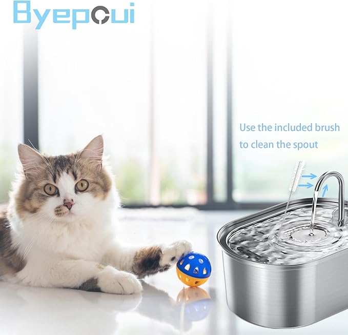 Cat Water Fountain Filters Replacement (16-Piece Pack) - 8 Filters + 8 Sponges + Cleaning Brush - Compatible with 3L (108oz) & 2L (67oz) Stainless Steel Pet Fountains