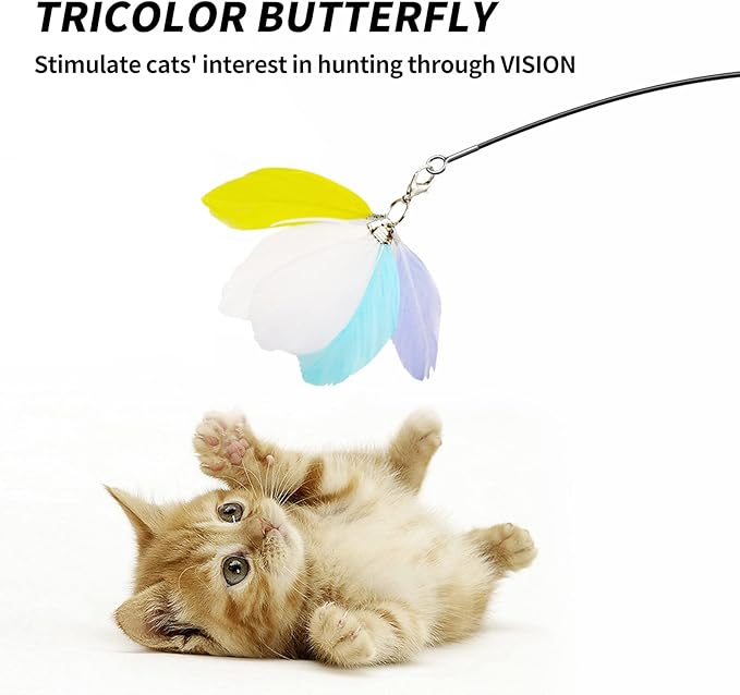 uahpet Natural Feather Cat Toys for Indoor Cats Retractable Kitten Wand 60inch Safe Hunting Distance Interactive Toys for Kittens