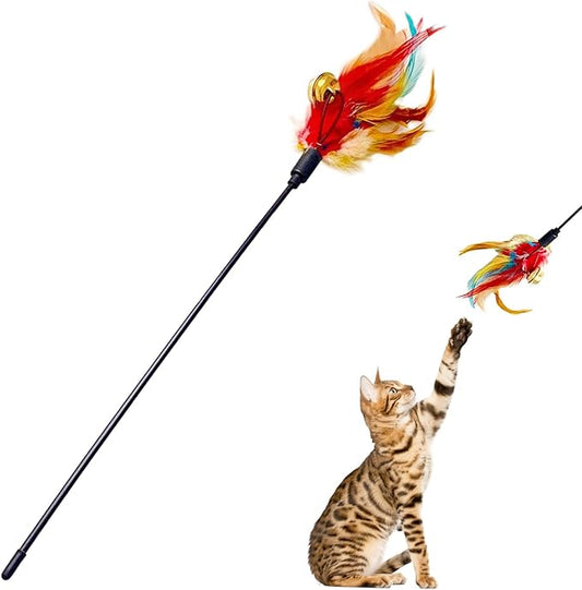 Cat Feather Toys, Cat Toy with Elastic Turkey Feathers, Interactive Teaser Wand with Bell, Durable Flexible Rod for Playful Kittens and Cats, Indoor Entertainment for Pets (1.35")
