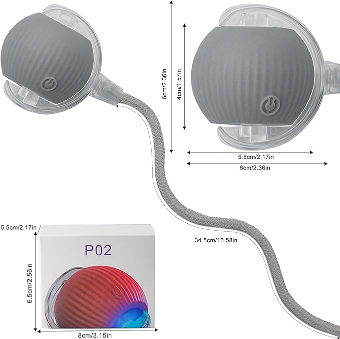 Interactive Cat Dog Toy Ball: Indoor Small Automatic Moving Smart Rolling Fun Pet Game with Led Light and String Tail for Motion Activated, Cute Kitten Puppy Present, Exercise Wheel Supplies (Grey)