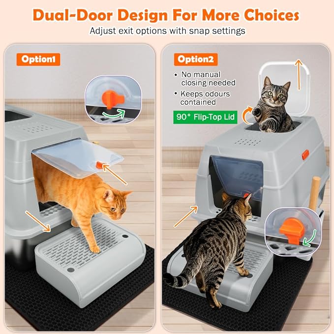 SZEE XL Stainless Steel Litter Box, Top Exit Design, Non Stick, No Smell, Easy Cleaning, Activated Charcoal Odor Control Design, Half/Fully Enclosed Design, Footboard, Trapping Mat & Scoop Included