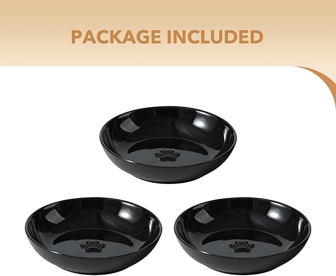 5.7'' Ceramic Wide Whisker Friendly Cat Dishes, Set of 3 Ceramic Cat Bowls, Indoor Kitten Feeding Food& Water Dish to Prevent Whisker Fatigue(3 Pcs, Black)