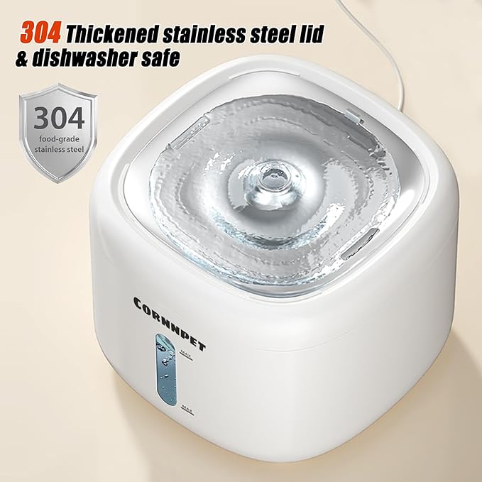 Stainless Steel Lid Cat Water Fountain 74Oz/2.2L for Drinking - Pet Fountain for Small Animal - Dogs Waterer Bowls Indoor