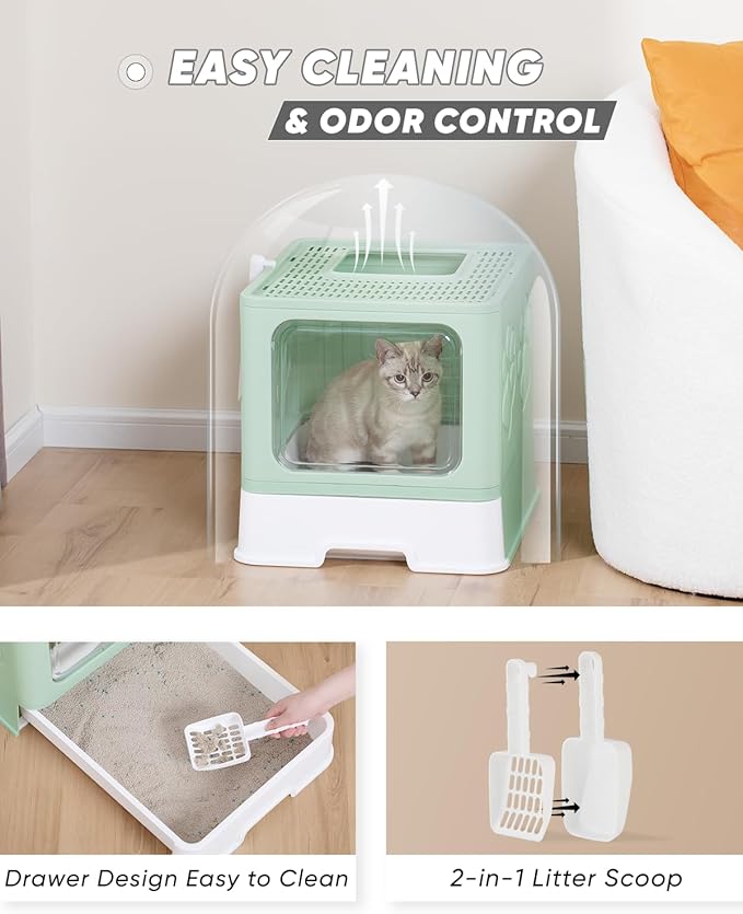Enclosed Cat Litter Box, Large Litter Box for Big Cats, Covered Kitty Litter Boxes with Lid, Top Entry Cat Box Enclosure with Scoop, Odor Control, Easy to Clean(Green)
