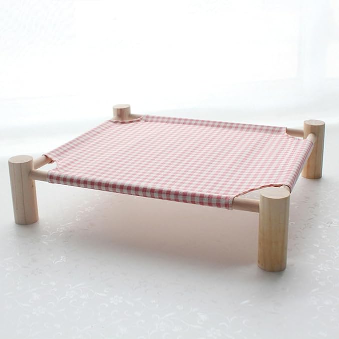 Pozico Elevated Cat & Dog Bed – Wooden Frame Pet Hammock for Small Dogs & Cats, Indoor/Outdoor Raised Bed with Breathable Mesh, Portable Pet Cot Furniture – Pink Grid