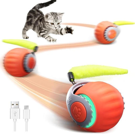 Interactive Cat Toy for Indoor Cats, Two Speed Smart Automatic Cat Toy Moving Ball with Tail, Rechargeable Motion Activated Cat Toys for Bored Indoor Adult Cats (Adapter Not Included)