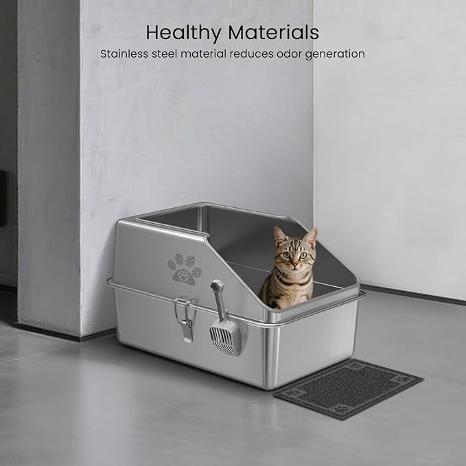 KPWACD Enclosed Stainless Steel Cat Litter Box with Lid, XL Extra Large Non-Stick Metal Litter Pan for Big Cats, High-Sided Kitten Toilet Enclosure, Non-Stick, Anti-Leakage, Easy Cleaning