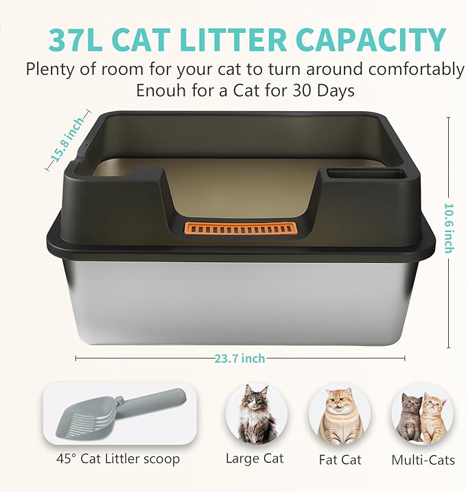 XL Stainless Steel Litter Box with Lid - 23.7"×15.7"×10.6" High Sided Metal Tray for Big/Multi-Cats, Anti-Leak Easy Clean Scoop & Foot Mat (Black)