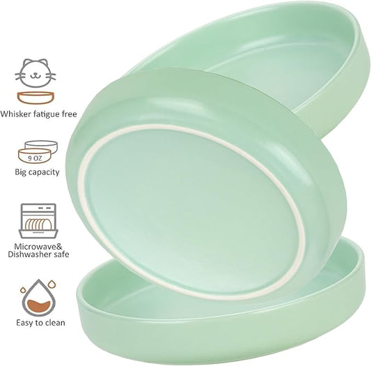 Ceramic Cat Bowls,Shallow Cat Dishes for Food and Water, 6 inch Matte Finish Wide Cats Food Bowl,Whisker Fatigue Free Pet Puppy Kitten Bowl Set of 3,Dishwasher Safe